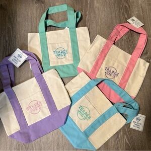 Trader Joe Canvas Tote Bag Set 4 - Purple, Pink, Teal, blue